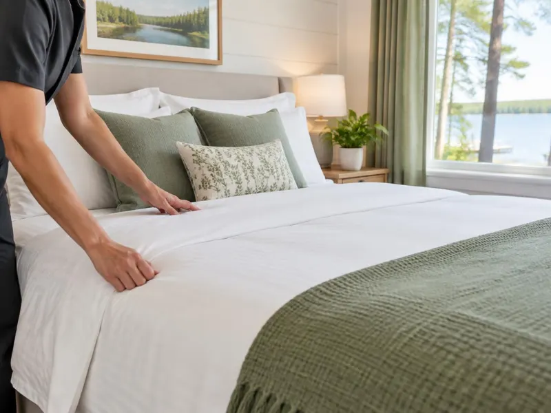 Cleaner making a crisp white bed with green pillows in a lakeside vacation rental