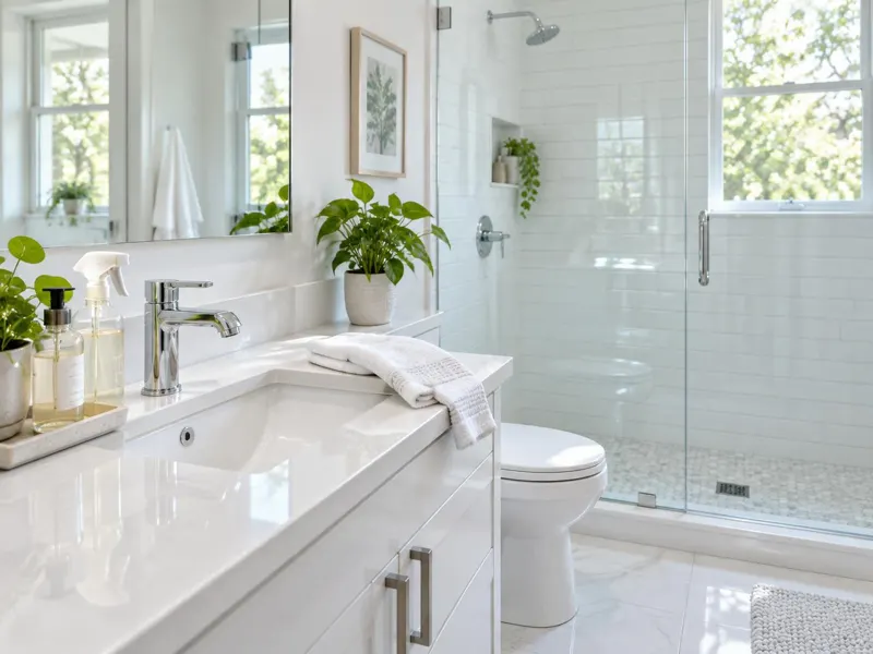 Freshly deep-cleaned white bathroom with glass shower and shined fixtures