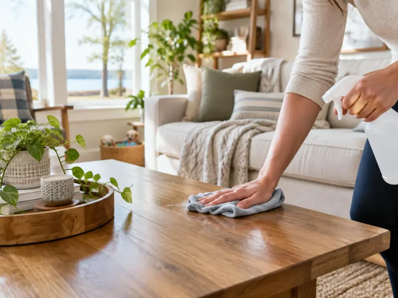 Cleaner wiping a wood coffee table in a bright Michigan living room
