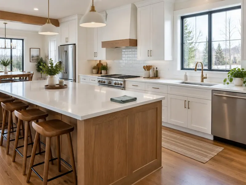 Spotless white kitchen with oak island cleaned with eco-friendly products