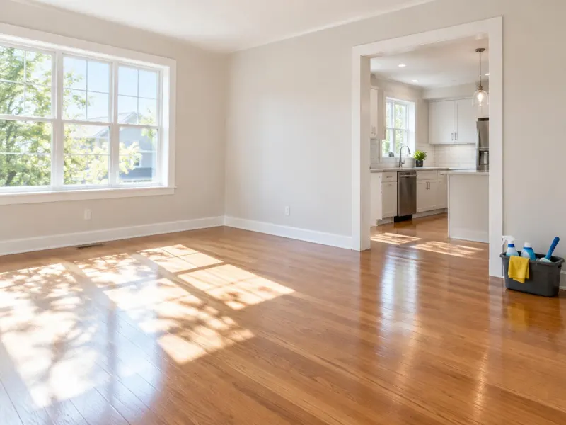 Empty living room with gleaming hardwood floors after a move-out clean